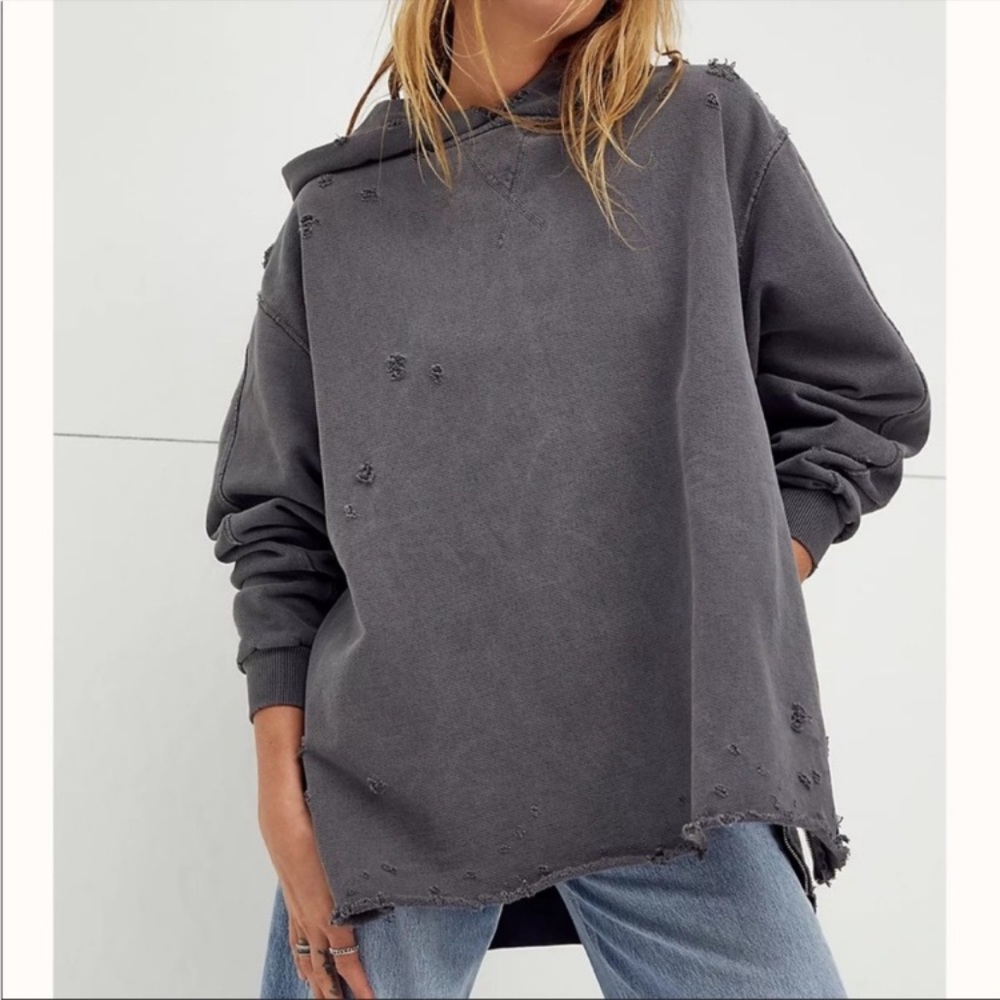 Free People We The Free Dark Grey Distressed Zipper Hoodie Size